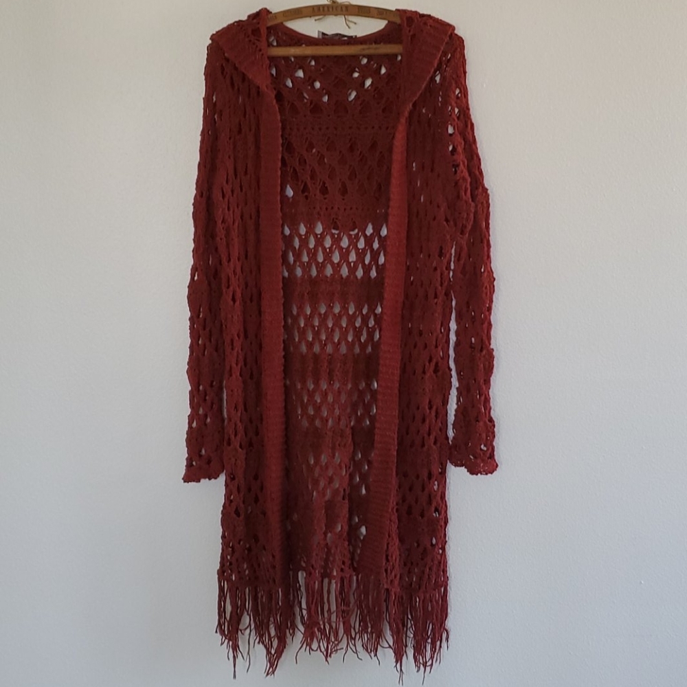 Hooded long Sweater cardigan with fringe